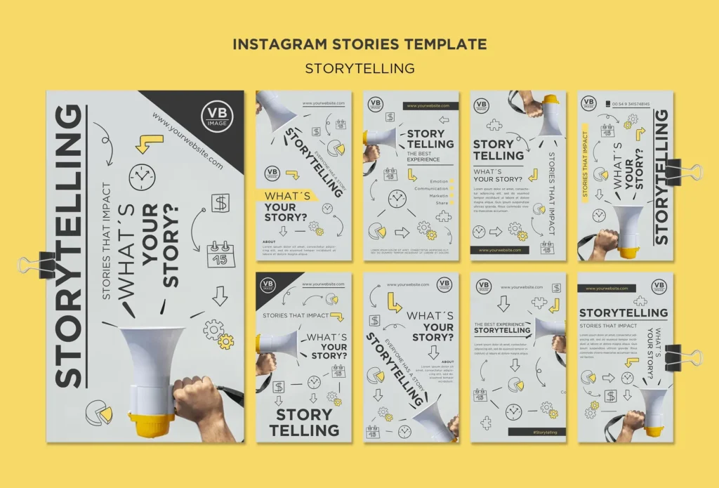 Plantilla visual de estrategia de storytelling para Instagram Stories, enfocada en marketing emocional y conexión con la audiencia