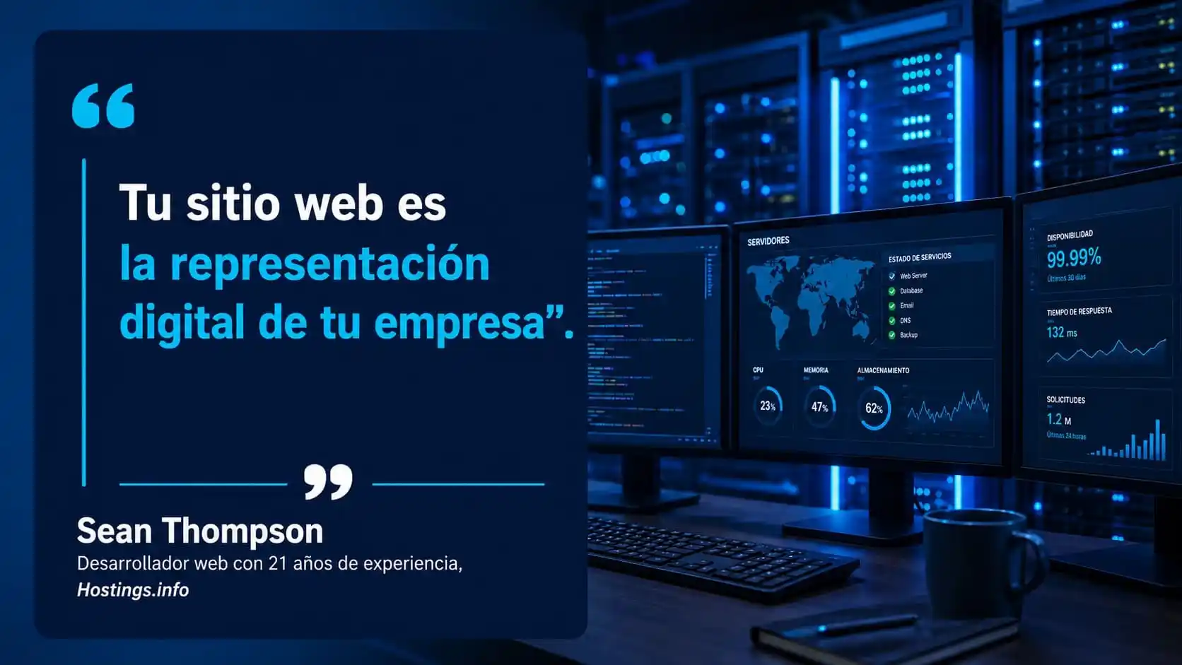 Centro de datos con servidores y paneles de monitoreo junto a la frase “Tu sitio web es la representación digital de tu empresa”.