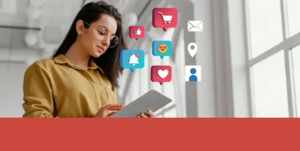 Mujer revisa tablet rodeada de íconos de redes sociales y reacciones, representando conexión digital y marketing de influencers