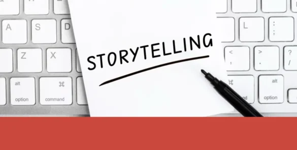 Nota con la palabra storytelling sobre teclado blanco, concepto de comunicación estratégica y narrativa de marca