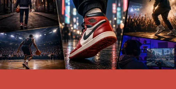 Collage cinematográfico de sneakers en contextos urbanos, baloncesto, conciertos y videojuegos, donde el calzado deportivo refleja identidad, cultura urbana y estilo en distintos entornos visuales