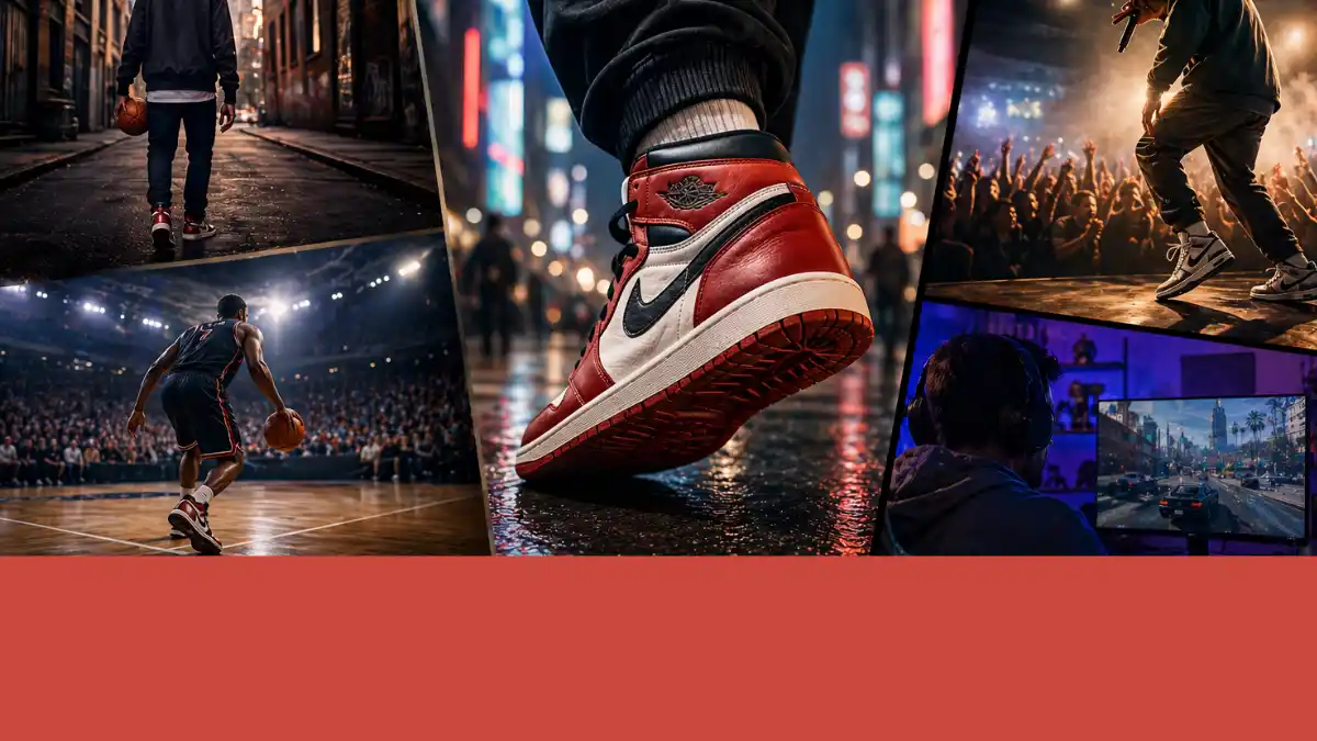 Collage cinematográfico de sneakers en contextos urbanos, baloncesto, conciertos y videojuegos, donde el calzado deportivo refleja identidad, cultura urbana y estilo en distintos entornos visuales