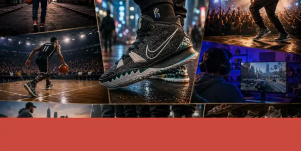 Collage cinematográfico de sneakers en contextos urbanos, baloncesto, conciertos y videojuegos, donde el calzado deportivo refleja identidad, cultura urbana y estilo en distintos entornos visuales