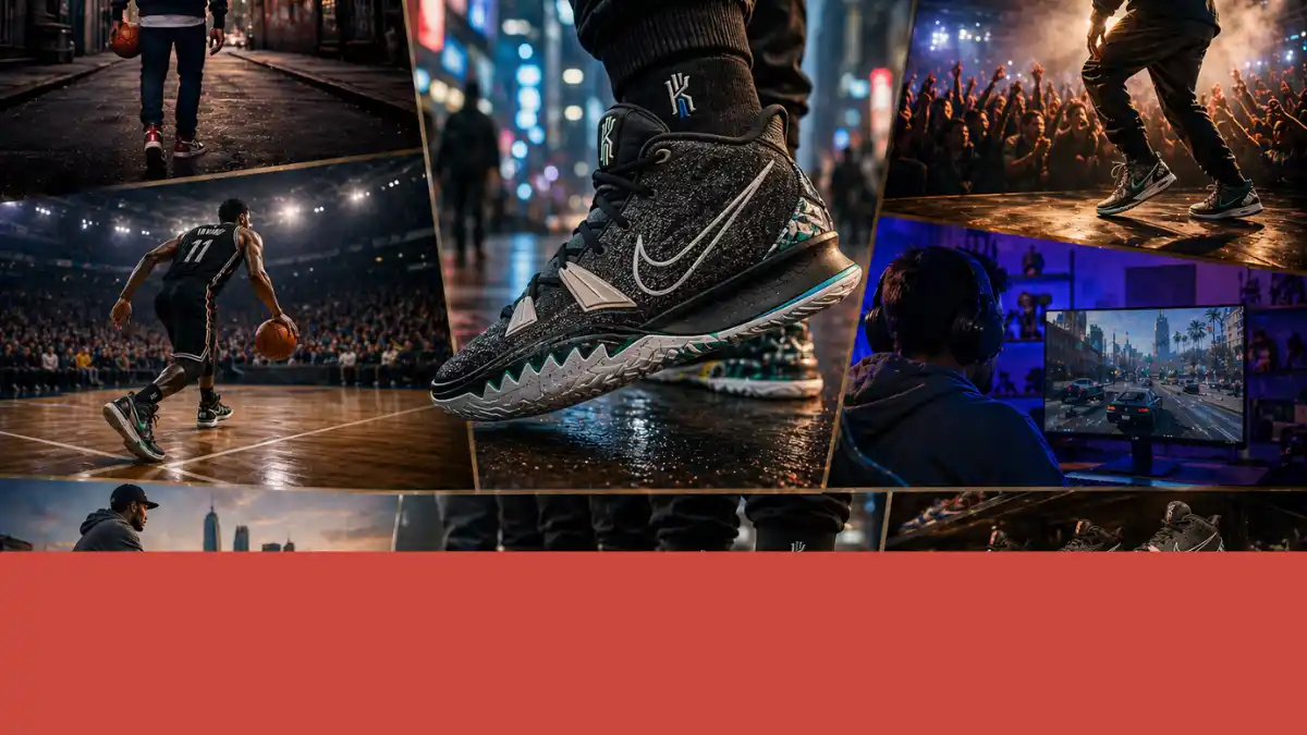 Collage cinematográfico de sneakers en contextos urbanos, baloncesto, conciertos y videojuegos, donde el calzado deportivo refleja identidad, cultura urbana y estilo en distintos entornos visuales