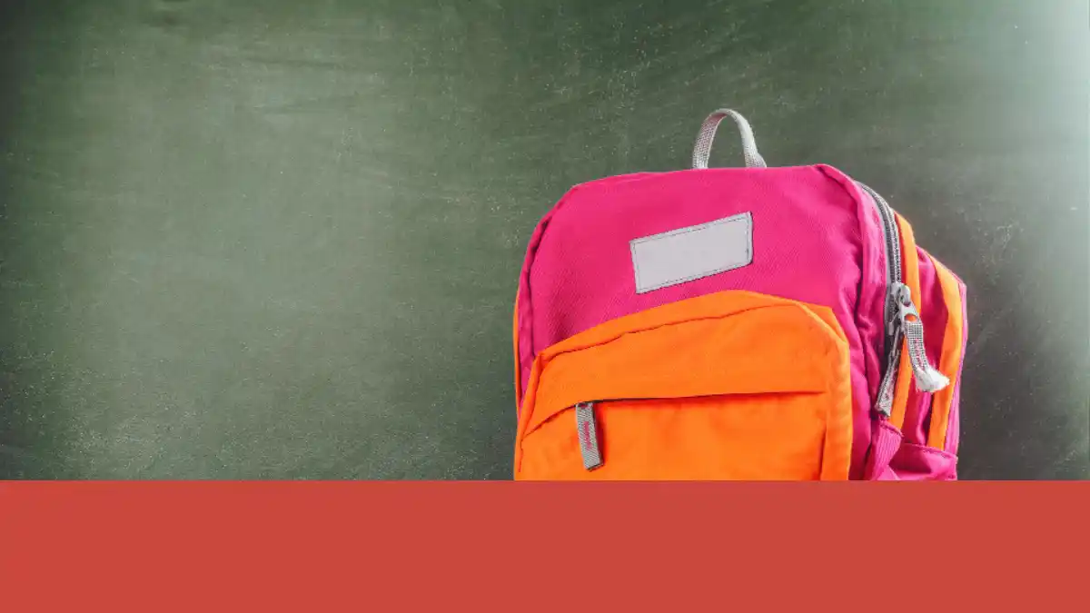 Mochila escolar en tonos rosa y naranja situada frente a un pizarrón verde texturizado, representando el entorno educativo y los productos de licencias escolares para niños.