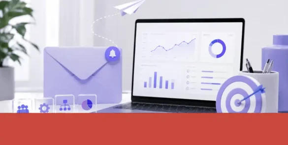 Escritorio moderno con laptop mostrando gráficos de email marketing, sobre morado, objetivo y elementos de analítica digital para negocios online.