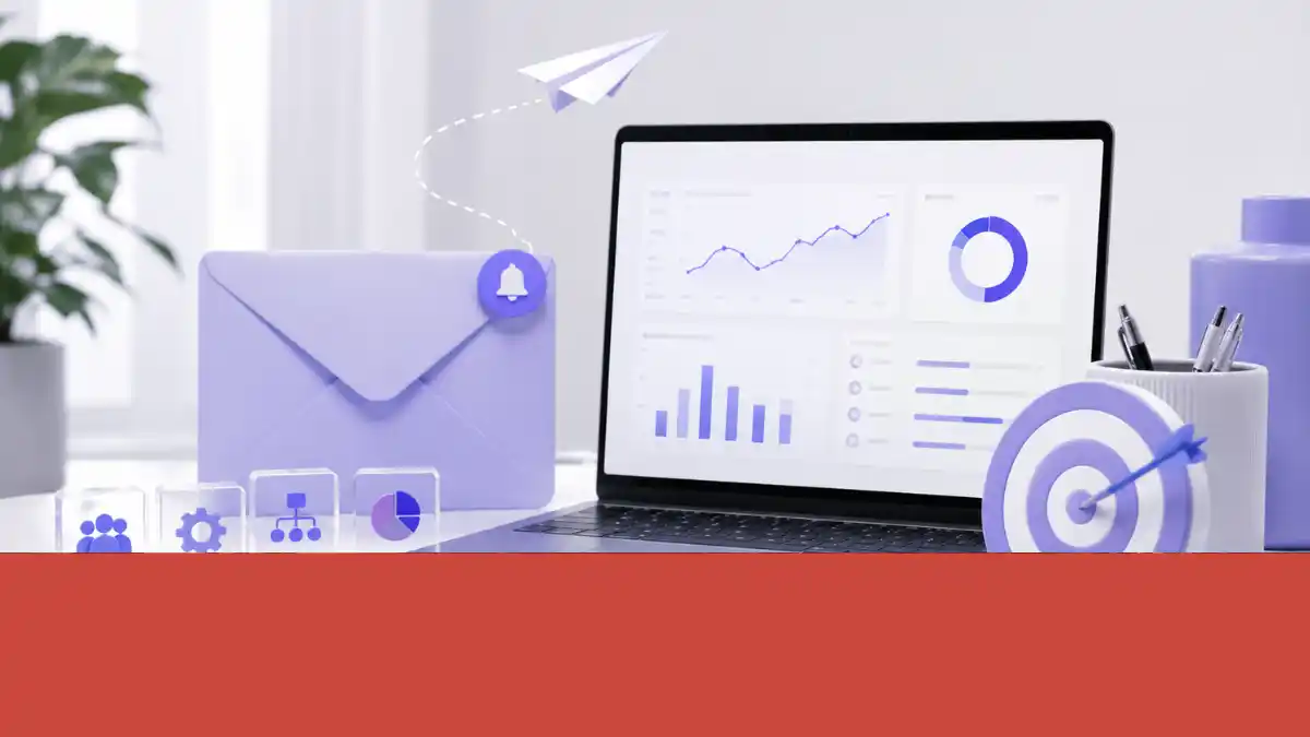 Escritorio moderno con laptop mostrando gráficos de email marketing, sobre morado, objetivo y elementos de analítica digital para negocios online.