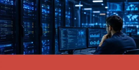 Especialista monitorea servidores y paneles de análisis de datos en un centro tecnológico.