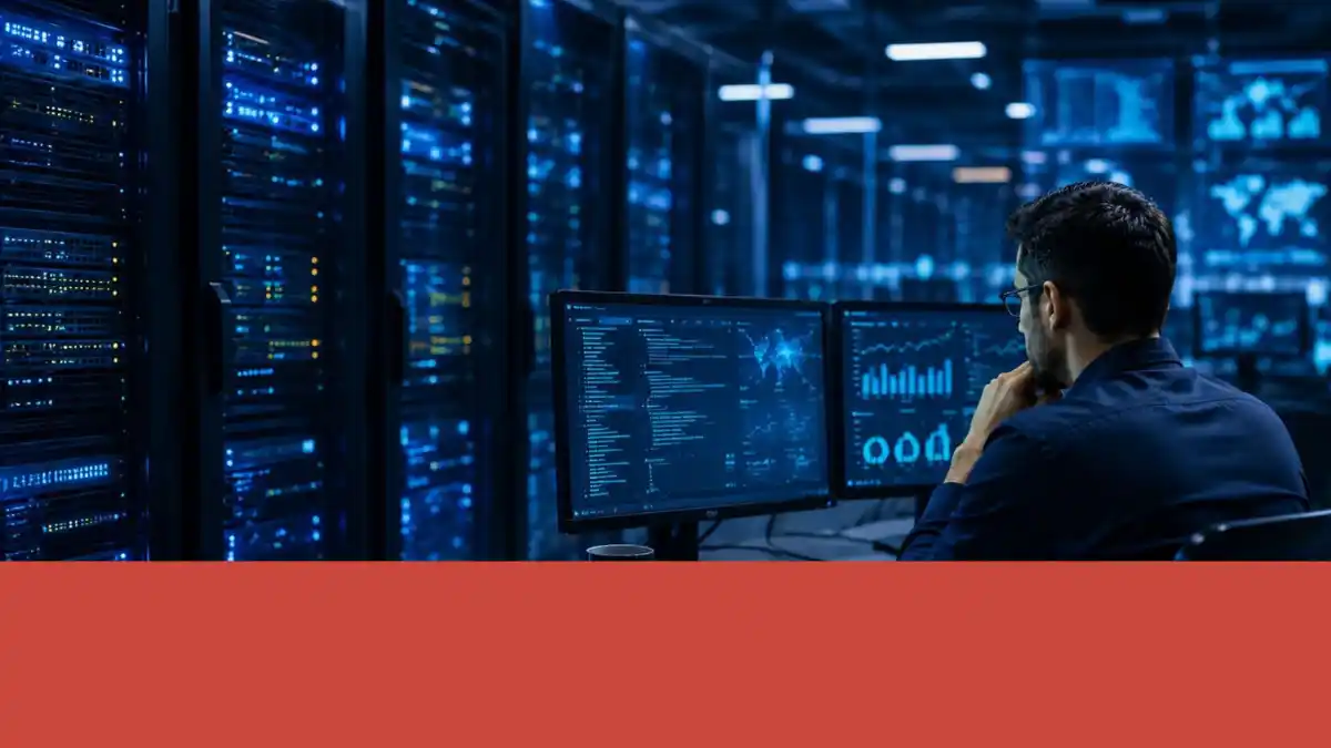 Especialista monitorea servidores y paneles de análisis de datos en un centro tecnológico.