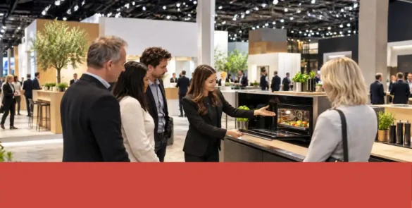 Presentador explica el funcionamiento de un electrodoméstico a asistentes de una feria tecnológica.