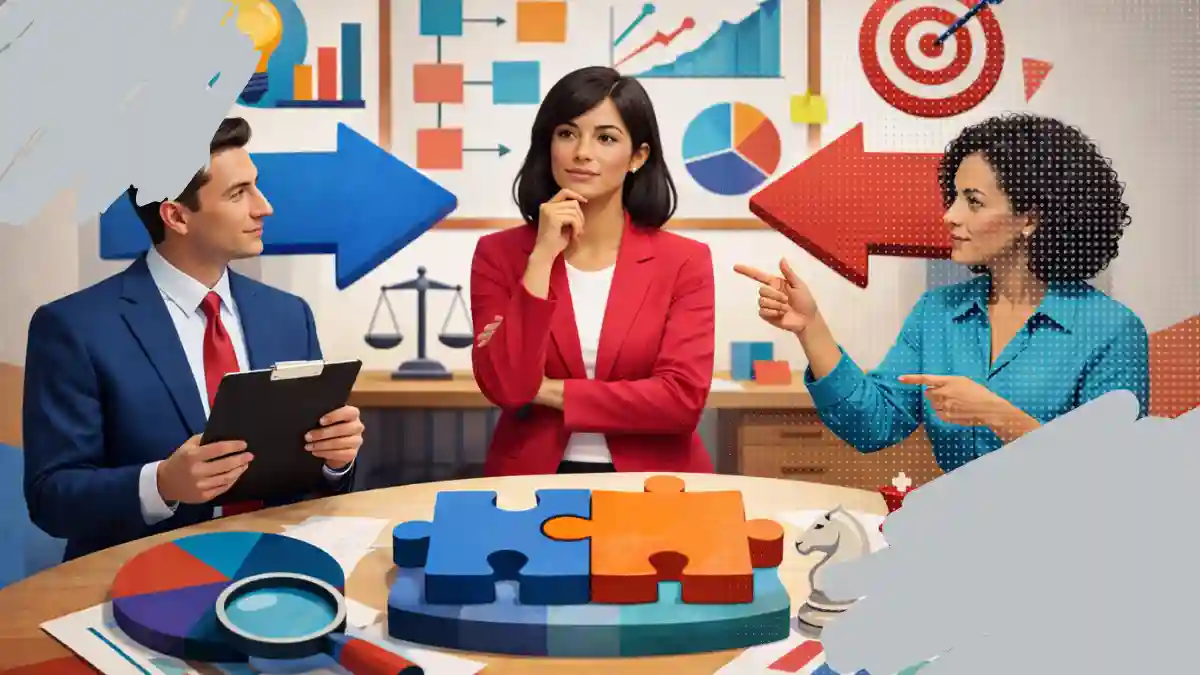 comunicacion-integrada Equipo directivo en reunión estratégica analizando criterios para elegir una agencia de relaciones públicas, con gráficos, flechas, tablero de metas y piezas de rompecabezas que simbolizan planificación, toma de decisiones y evaluación de estrategias de comunicación.