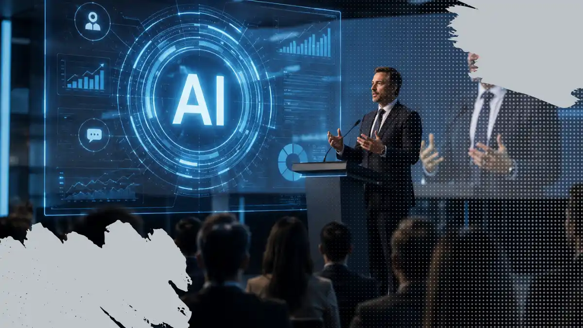 Presentación corporativa con interfaz holográfica de inteligencia artificial, gráficos digitales y audiencia empresarial en entorno tecnológico de alto contraste