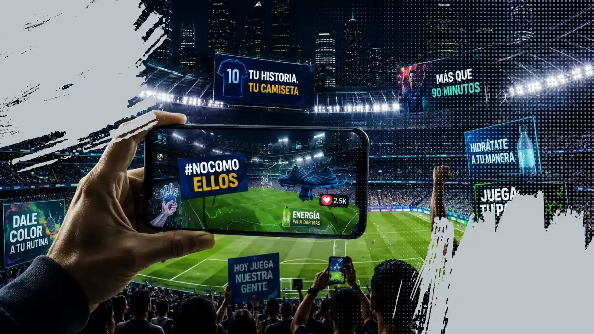 Estadio iluminado con pantallas digitales, aficionados interactuando con contenido de marca y narrativa visual en evento deportivo nocturno