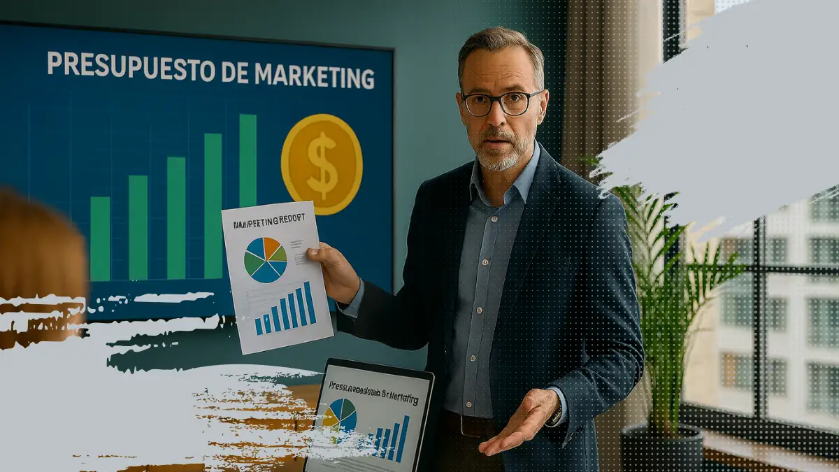 Ejecutivo de marketing analiza presupuesto anual con gráficos financieros en pantalla