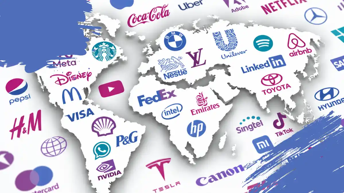 Mapa mundial con logotipos de marcas globales distribuidos por distintas regiones, en tonos azul, turquesa, magenta y morado.