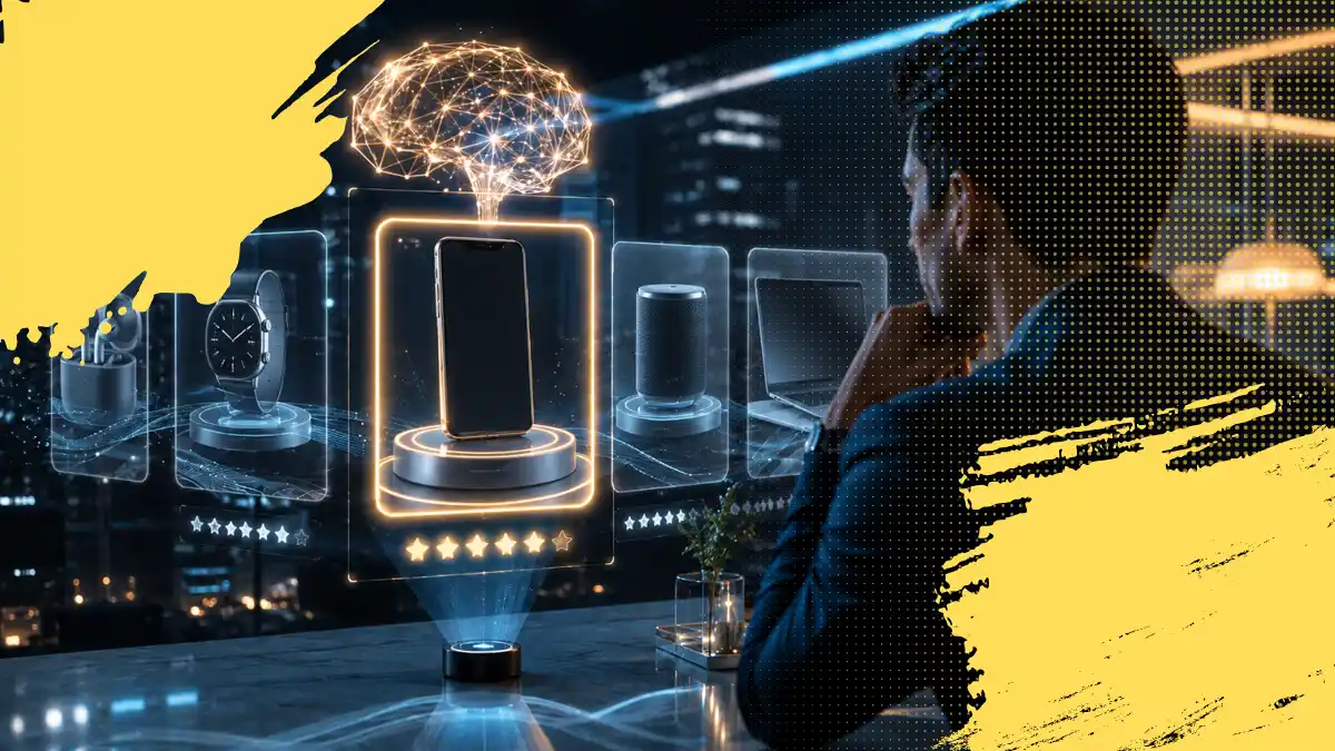 Interfaz holográfica de inteligencia artificial seleccionando un smartphone entre productos tecnológicos en una oficina futurista, representando recomendación de marca, autoridad digital y confianza.