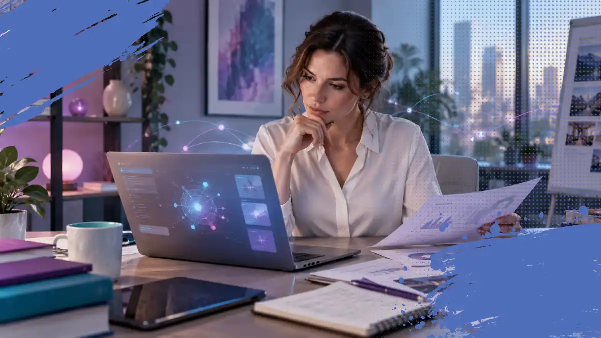 comunicacion-integrada Profesional B2B analiza soluciones con inteligencia artificial en una laptop y contrasta la información con reportes y gráficos impresos antes de tomar una decisión de compra.