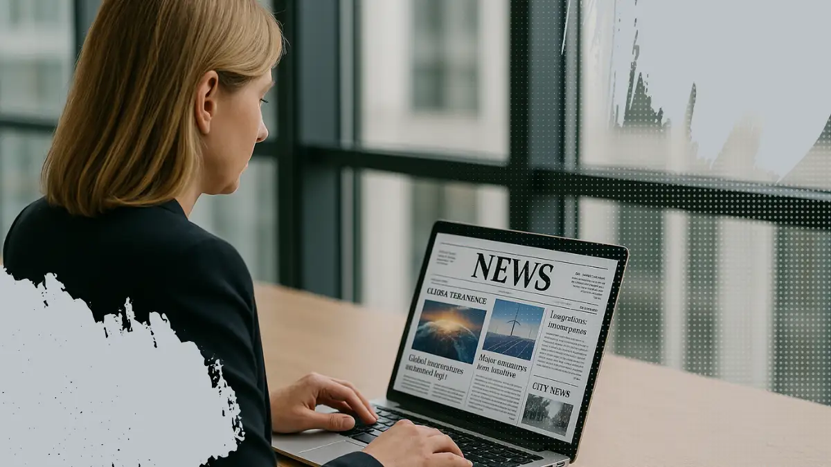 Mujer profesional usando laptop en oficina moderna con luz natural, leyendo noticias digitales sobre energía sostenible y cambio climático.