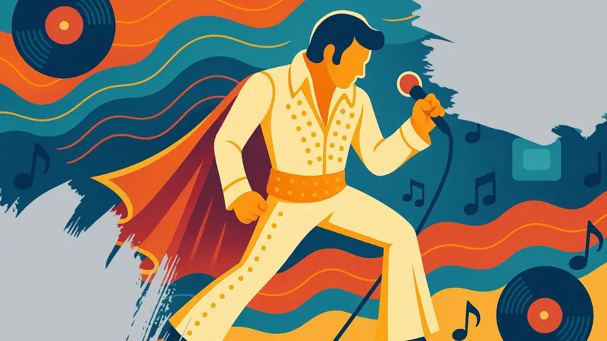 Ilustración retro inspirada en los años 60 que muestra a un cantante de rock and roll con traje blanco, adornos dorados y capa roja, en pose icónica con micrófono en mano, rodeado de vinilos, notas musicales y elementos de comunicación digital.