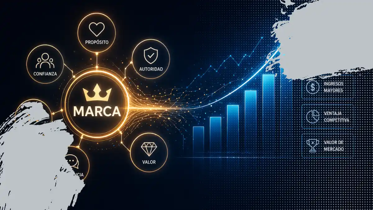 Interfaz digital futurista con gráficos financieros, barras de crecimiento y gráfico circular en análisis, manos interactuando con datos visuales que representan la conexión entre valor de marca, métricas de negocio y toma de decisiones