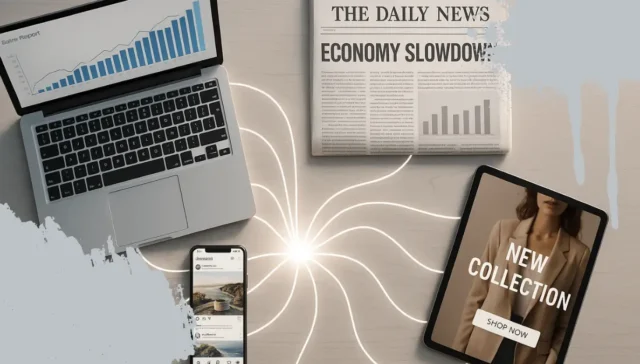 Mesa de trabajo vista desde arriba con laptop, smartphone, periódico y tablet conectados al centro, simbolizando una estrategia integrada del Ecosistema Unificado de Medios.