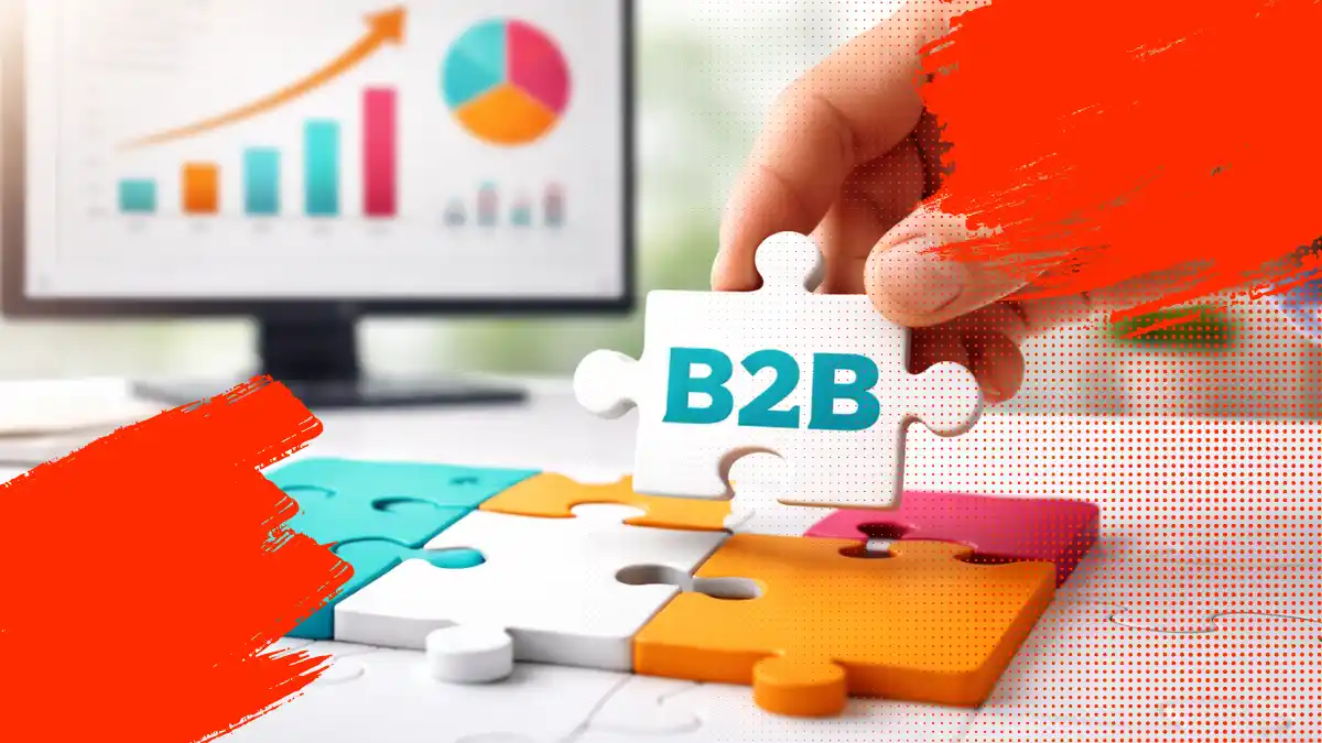 Mano colocando la última pieza de rompecabezas con texto B2B sobre una mesa, con gráficos de crecimiento desenfocados al fondo, representando estrategia de marketing B2B orientada a resultados y toma de decisiones.
