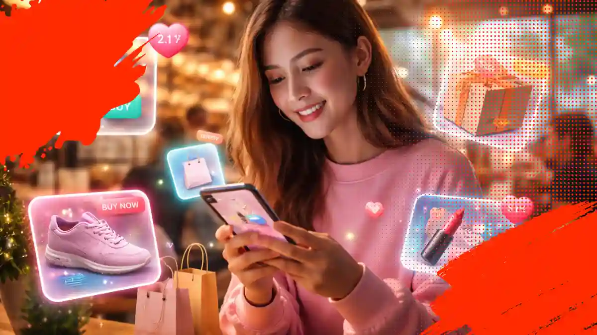 Joven de la Generación Z interactuando con su smartphone mientras realiza compras directas en redes sociales, con interfaces digitales de social commerce, botones de compra y productos integrados en una experiencia móvil y visual.