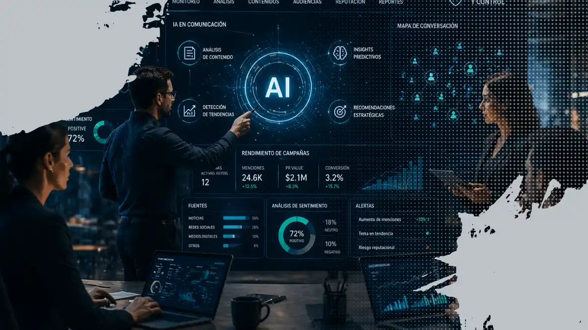 Equipo de comunicación analizando datos en panel digital impulsado por inteligencia artificial, con métricas, mapas de conversación y gráficos en tiempo real que reflejan gobernanza, control estratégico y toma de decisiones en relaciones públicas