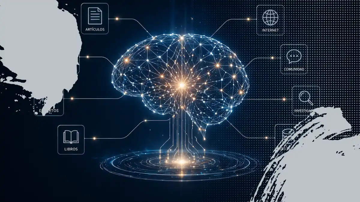 Cerebro digital formado por nodos y conexiones luminosas enlazado a múltiples fuentes de información como datos, investigación y comunidad, representando autoridad, confianza y toma de decisiones en inteligencia artificial