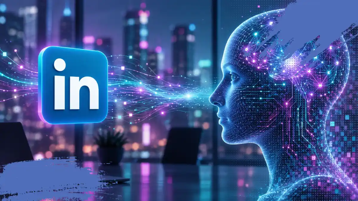 Logotipo de LinkedIn conectado por flujos de datos a una cabeza humanoide de inteligencia artificial en un entorno digital, representando autoridad de marca, visibilidad y presencia en LinkedIn para sistemas de IA.