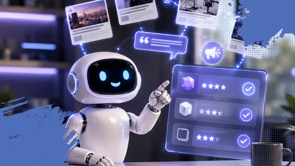 Robot de inteligencia artificial en oficina futurista analizando menciones en medios digitales, reseñas y señales de reputación para recomendar marcas confiables.