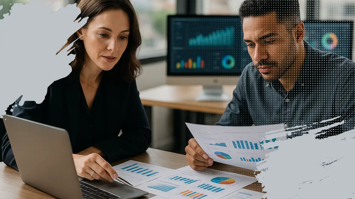 comunicacion-integrada Profesionales analizando métricas de relaciones públicas en una oficina moderna, revisando gráficos de desempeño, datos estratégicos y resultados de comunicación en computadora y documentos impresos.