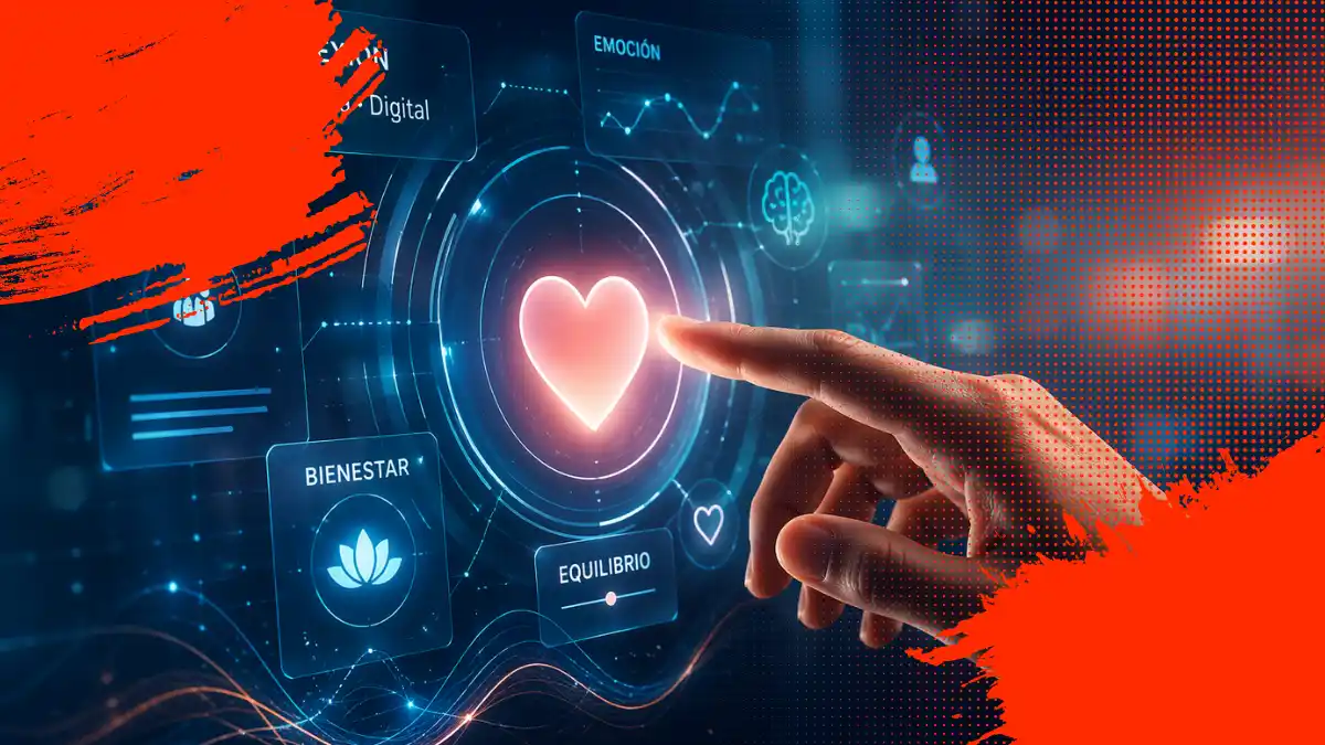 Mano humana interactuando con interfaz digital holográfica con iconos de empatía, conexión y bienestar, representando la integración entre tecnología y emoción en la experiencia de marca