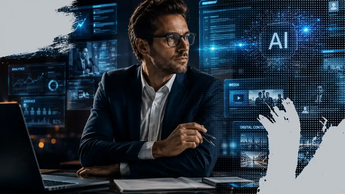Especialista analizando interfaces de inteligencia artificial y medios digitales en entorno corporativo tecnológico, combinando liderazgo humano y credibilidad digital
