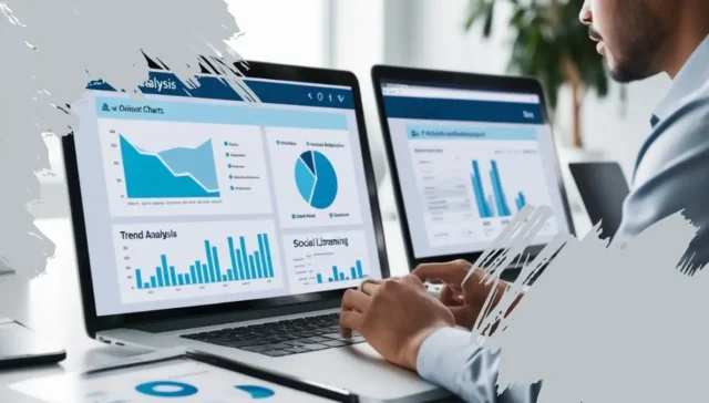Persona analizando tendencias en múltiples pantallas de laptop, con gráficos y estadísticas sobre escucha social y análisis de tendencias.