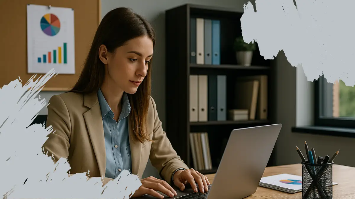 comunicacion-integrada Ejecutiva de marketing revisando estrategias de relaciones públicas en un entorno empresarial moderno, con gráficos y documentos sobre presupuesto de marketing.