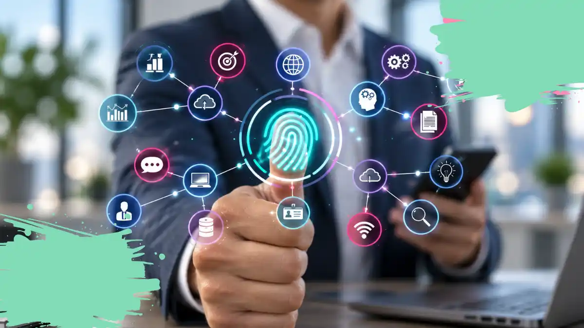 Profesional en oficina interactúa con una interfaz de huella digital rodeada de iconos conectados, representando identidad digital, reputación de marca y presencia tecnológica en entornos digitales.