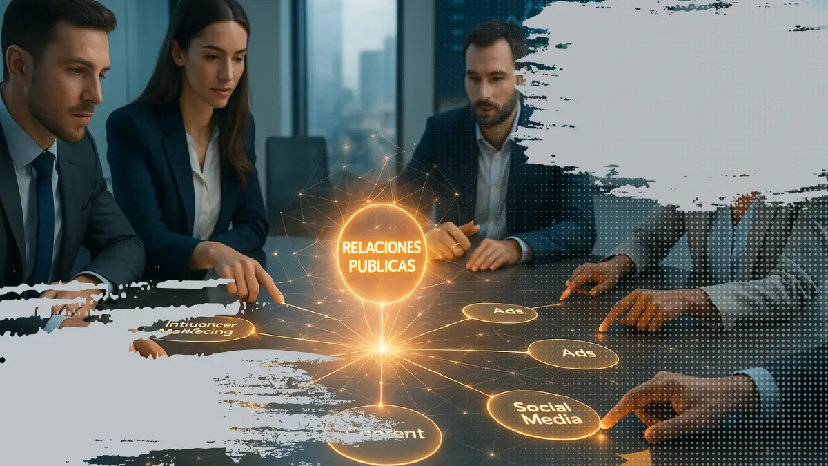 comunicacion-integrada Sala de estrategia con holograma resaltando Relaciones Públicas como eje del presupuesto de marketing 2026