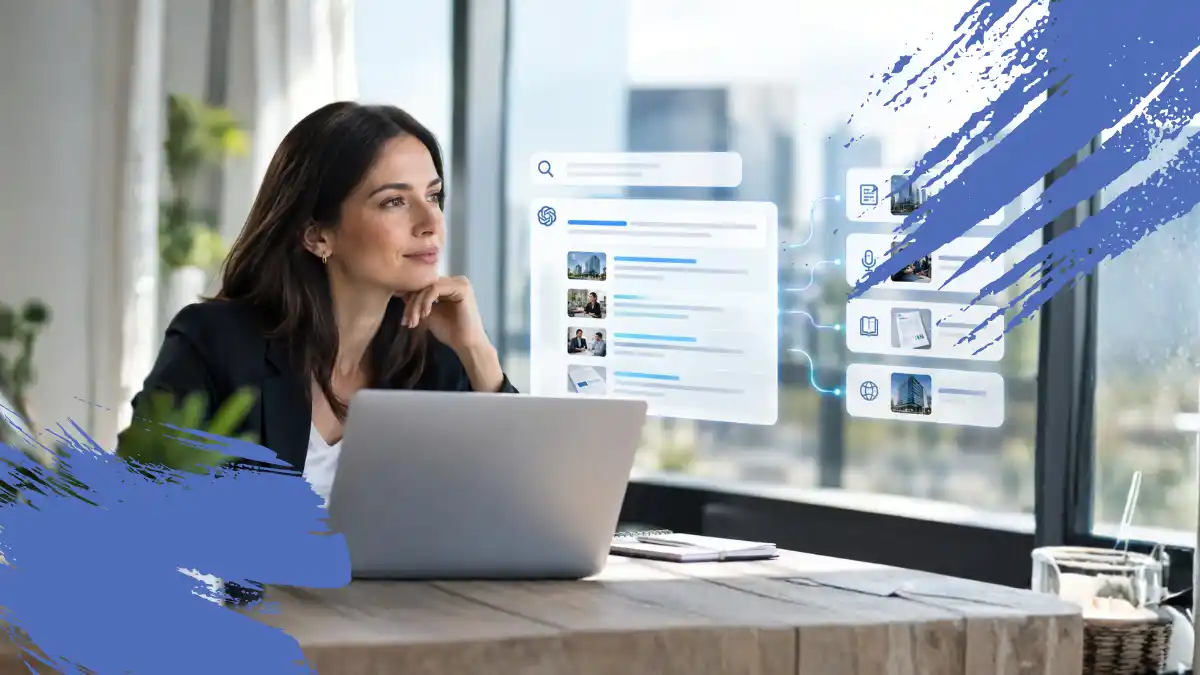 Profesional analiza en una laptop un esquema digital sobre visibilidad en IA, con factores como contenido relevante, autoridad, ecosistema digital, experiencia de marca y recomendación de una empresa.