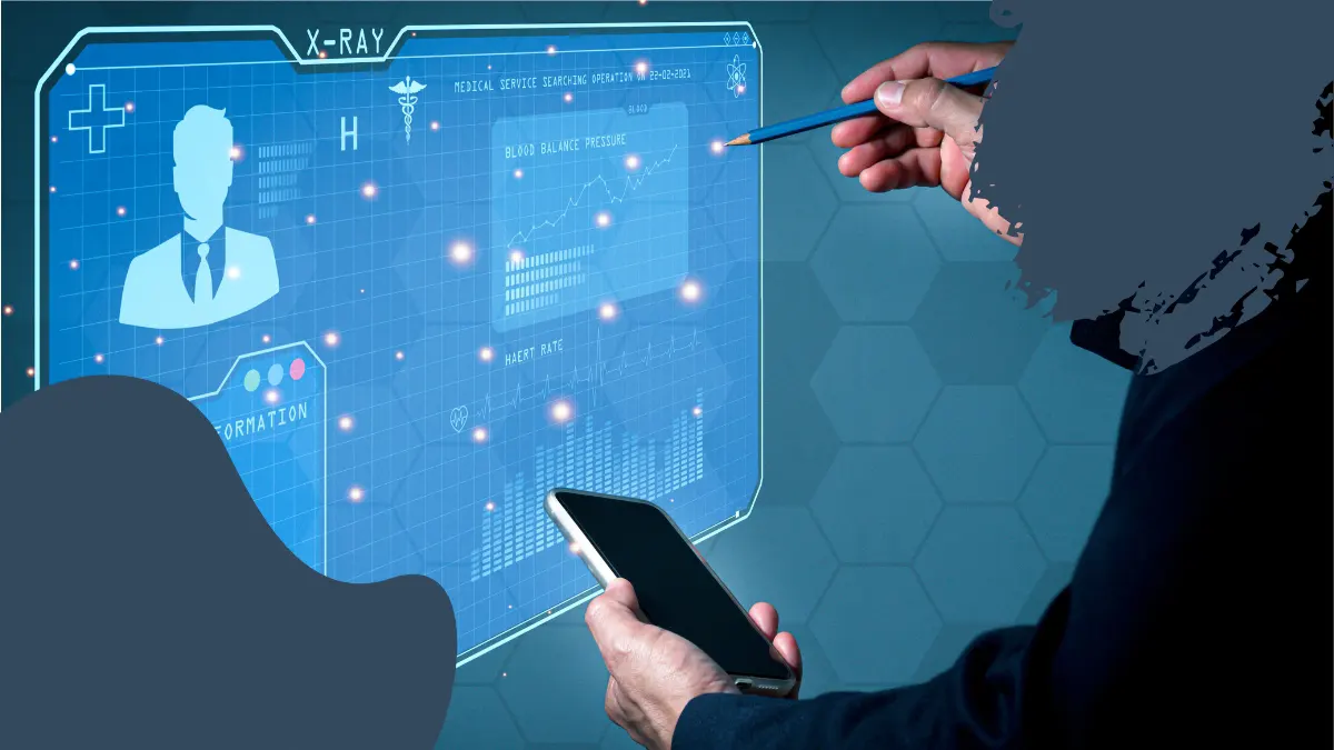 Business professional analyzing digital data on a futuristic screen with health and analytics metrics, using a smartphone.