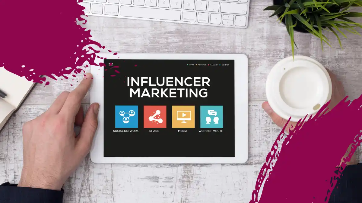 Tablet displaying 'Influencer Marketing' with strategy icons, representing the concept of using influencers to enhance brand presence.