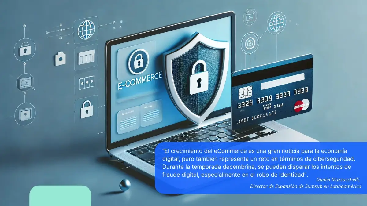 Laptop con un escudo de seguridad en la pantalla, una tarjeta de crédito y elementos de ciberseguridad, acompañado de una cita destacando los retos del eCommerce en términos de protección contra fraudes digitales.