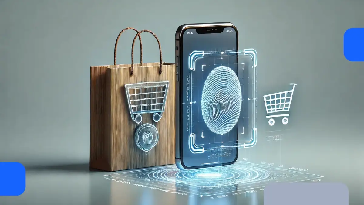 Bolsa de compras junto a un teléfono móvil con una huella digital holográfica, simbolizando la seguridad en las transacciones por internet y la prevención del robo de identidad.