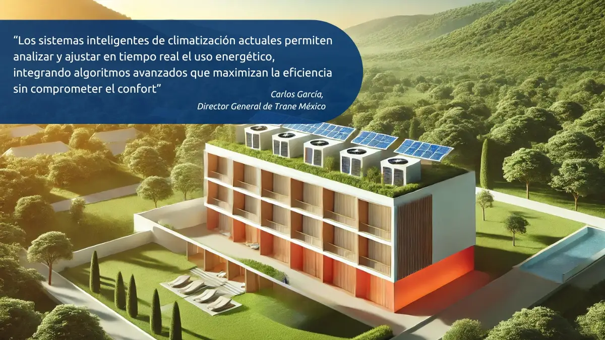 Hotel con tecnología de climatización inteligente y paneles solares integrados en un entorno rodeado de naturaleza.