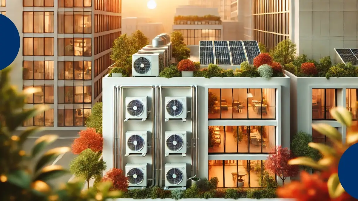 Edificio de lujo con sistemas de energía sustentable, paneles solares y tecnología de eficiencia energética en el diseño de hotelería moderna.