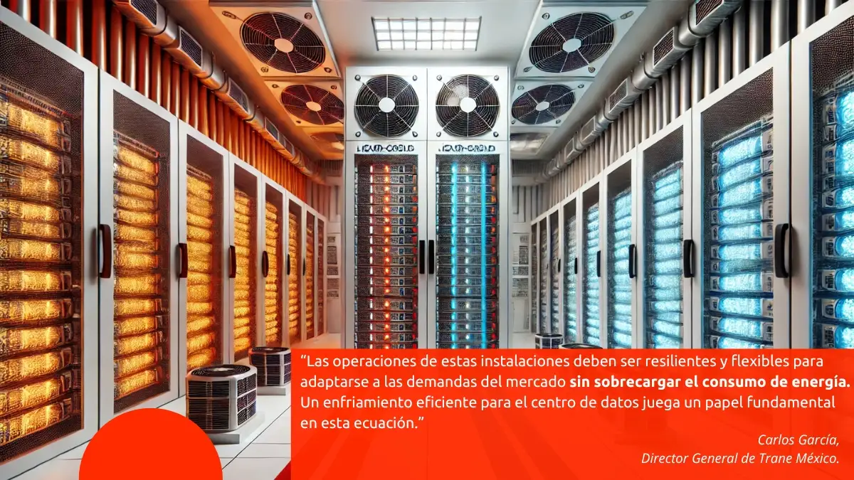 Infraestructura de centro de datos con sistemas de enfriamiento avanzados, destacando sostenibilidad y eficiencia energética.