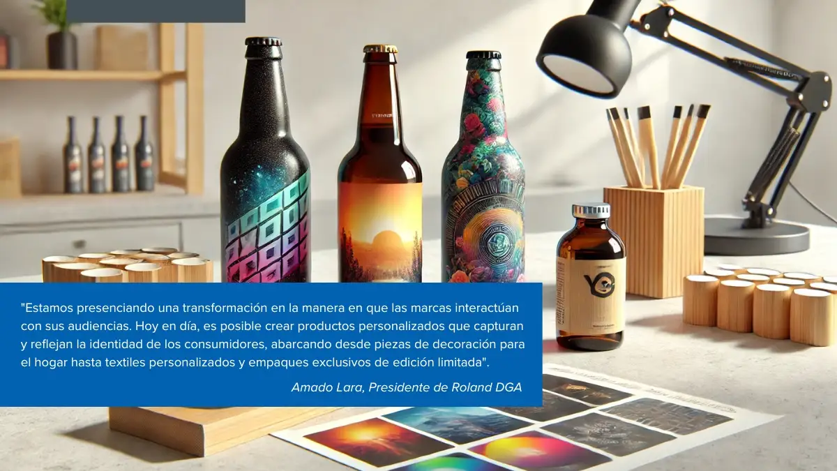 Botellas y empaques decorados con diseños personalizados, resaltando la conexión entre marcas y consumidores a través de la personalización.