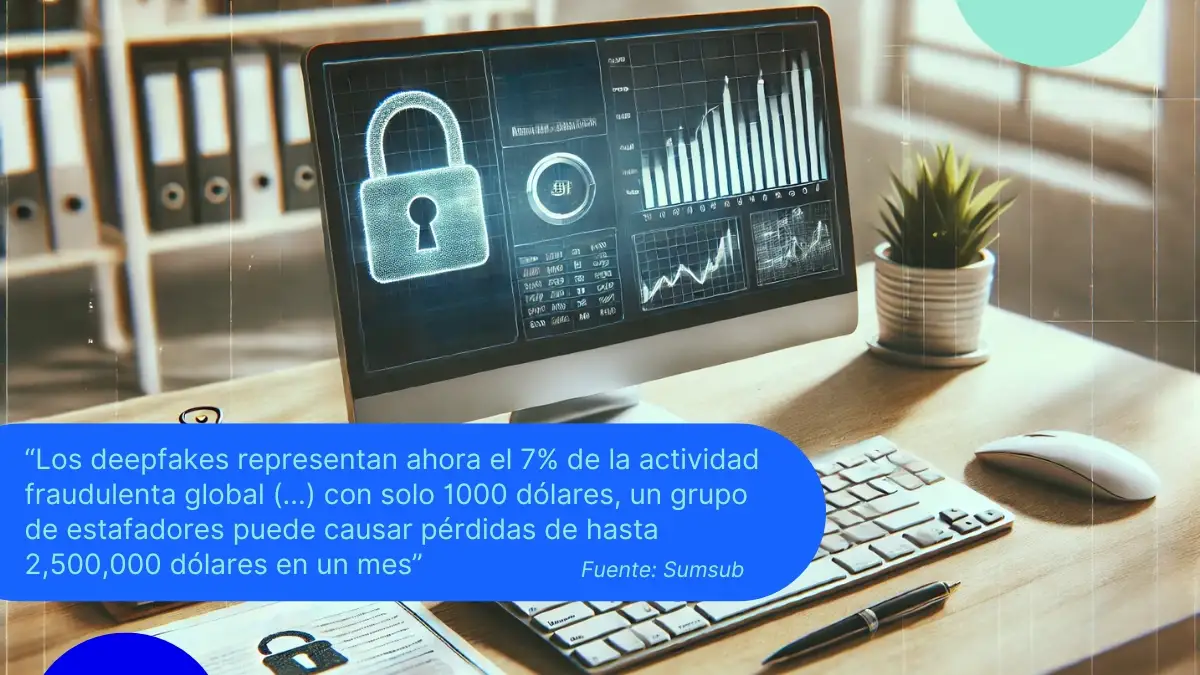 Monitor con gráficos y candado digital, simbolizando ciberseguridad y riesgos de fraude en línea.