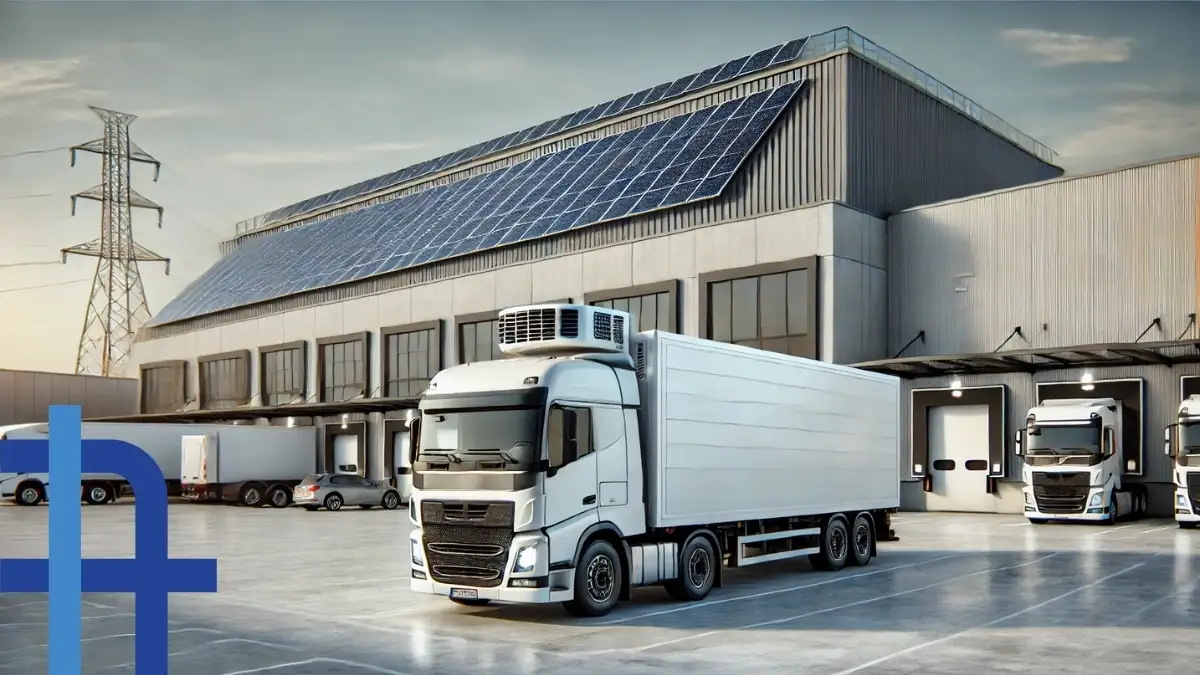 Centro de distribución con camiones de carga refrigerados y paneles solares en el techo.