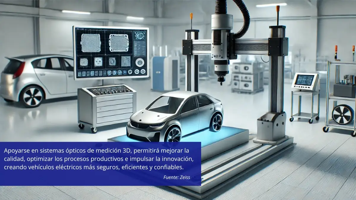 Sistema óptico de medición 3D escaneando un modelo de automóvil eléctrico en un laboratorio de pruebas y control de calidad.